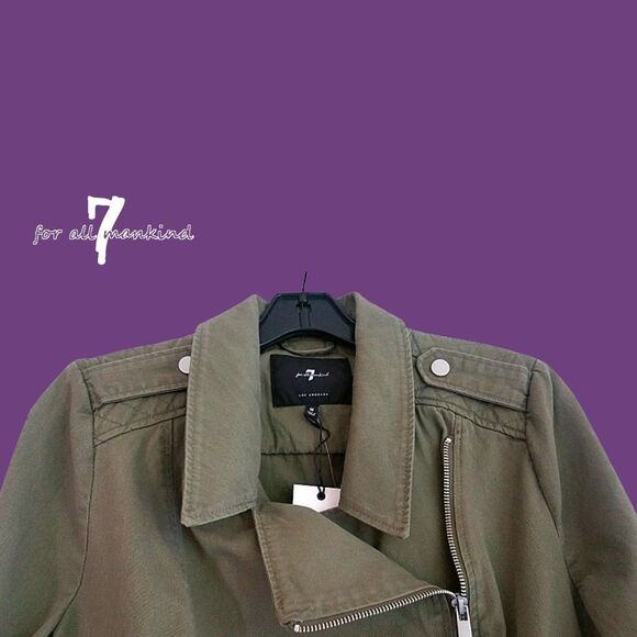 7 FOR ALL MANKIND NEW Grunge Khaki Asymmetric Epaulet Moto Jacket M - Picture 2 of 12